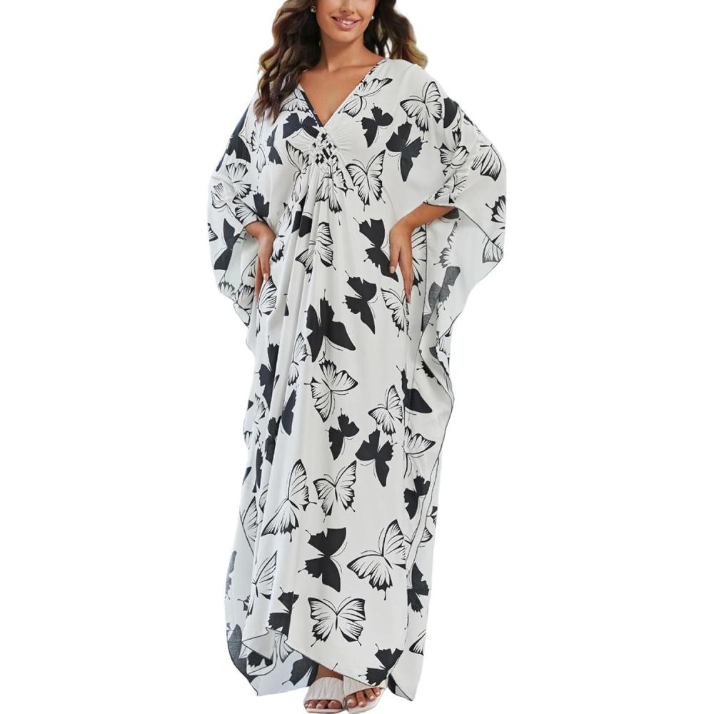imageMoss Rose Caftan Coverup Dresses for Women V Neck Summer Swimsuit Kaftan Plus Size Maxi Beach Vacation ClothesBwhite Black Butterflies