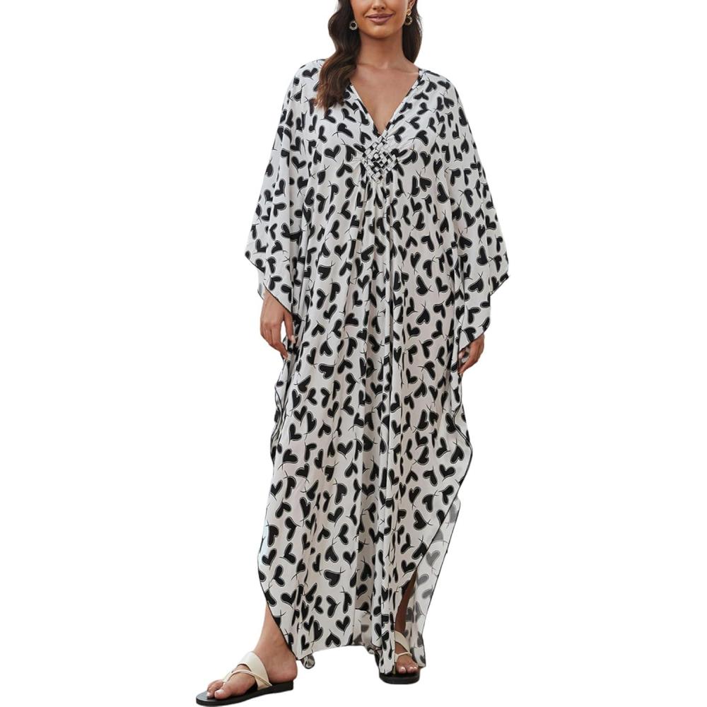imageMoss Rose Caftan Coverup Dresses for Women V Neck Summer Swimsuit Kaftan Plus Size Maxi Beach Vacation ClothesBwhite Black Heart