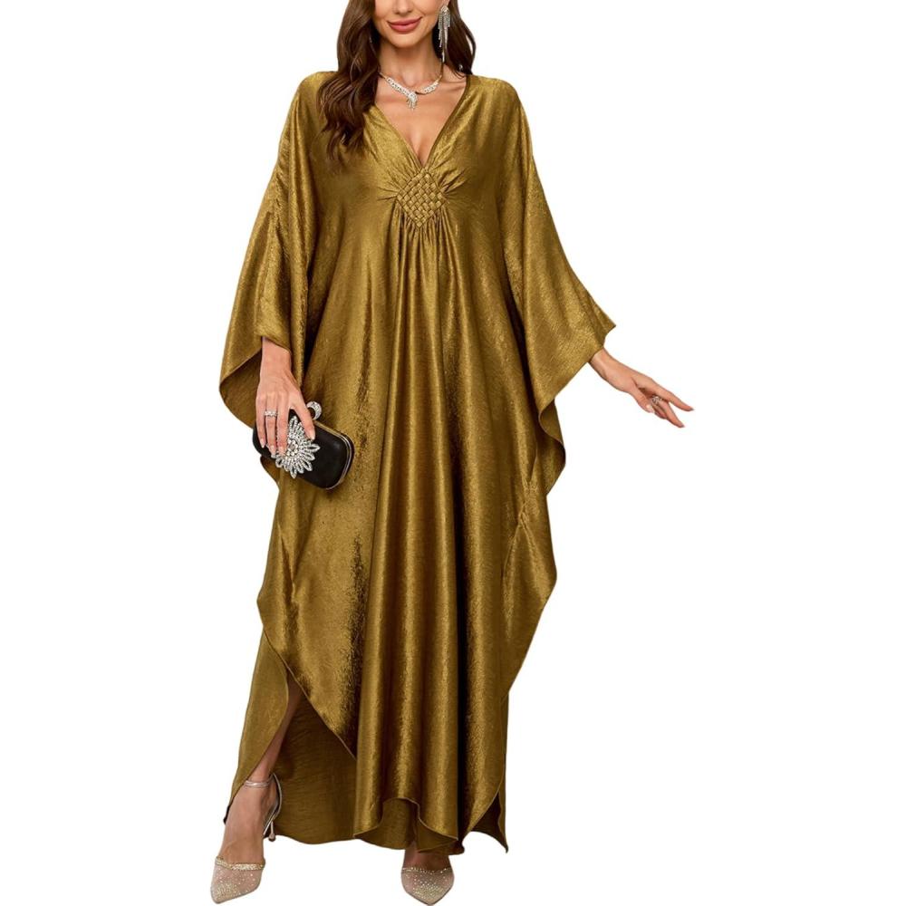 imageMoss Rose Caftan Coverup Dresses for Women V Neck Summer Swimsuit Kaftan Plus Size Maxi Beach Vacation ClothesC Gold