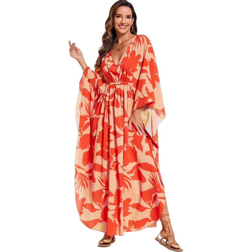 imageMoss Rose Kaftan Dresses for Women V Neck Summer Swimsuit Cover up Caftan Maxi Beach DressesA Red Yellow