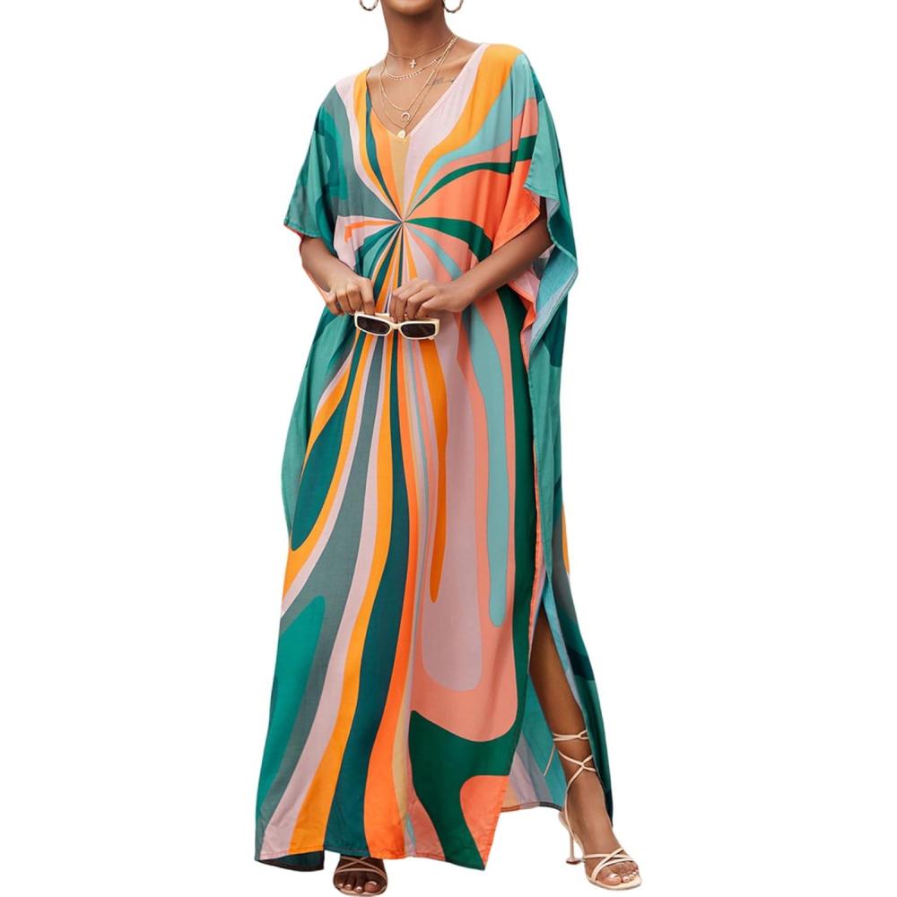 imageMoss Rose Kaftan Dresses for Women V Neck Summer Swimsuit Cover up Caftan Maxi Beach DressesAbutterfly