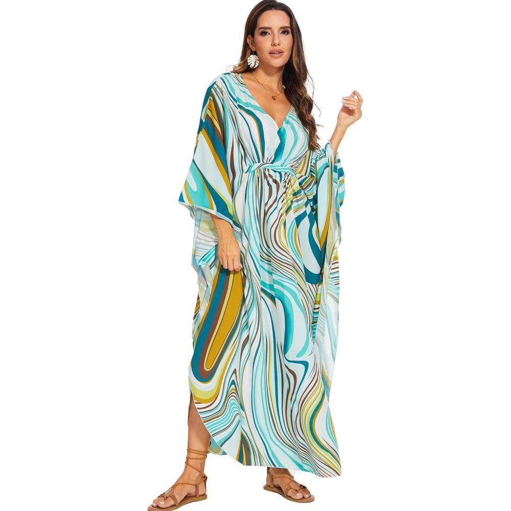 imageMoss Rose Kaftan Dresses for Women V Neck Summer Swimsuit Cover up Caftan Maxi Beach DressesAgreen Print