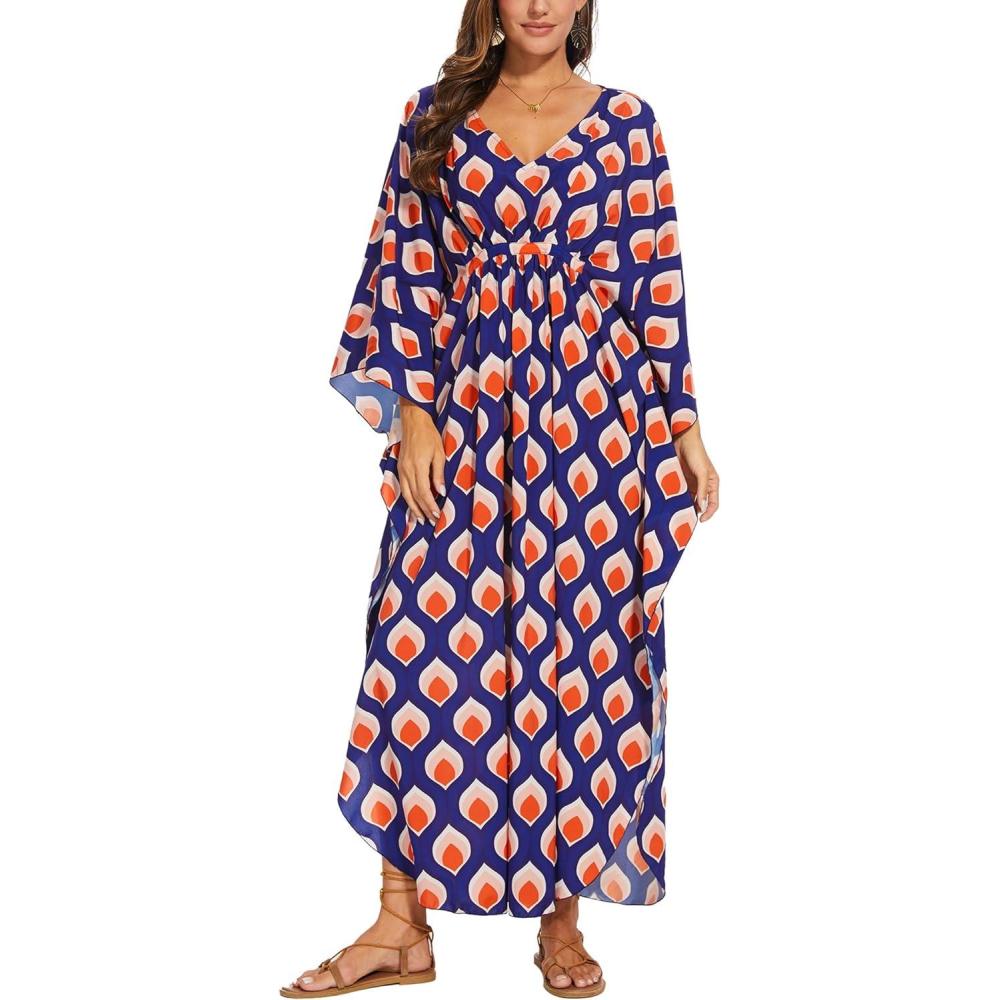 imageMoss Rose Kaftan Dresses for Women V Neck Summer Swimsuit Cover up Caftan Maxi Beach DressesAnavy Flower