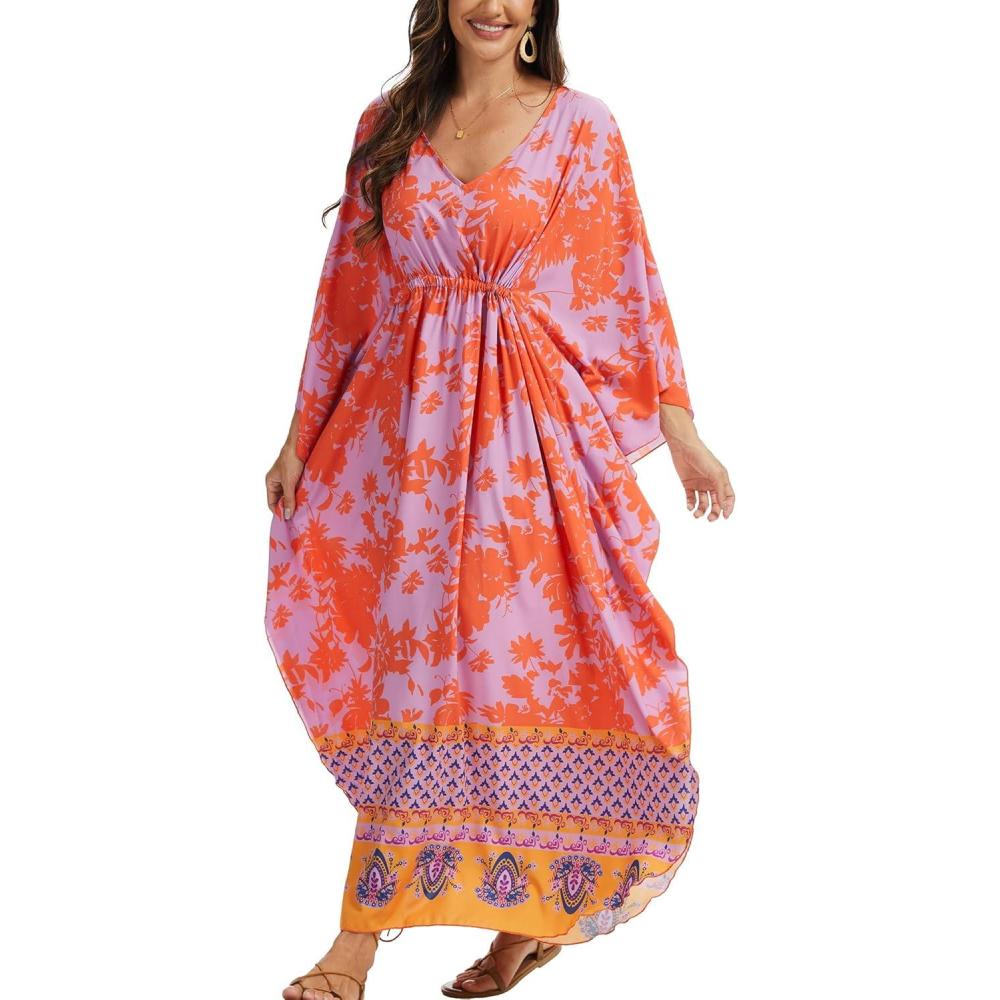 imageMoss Rose Kaftan Dresses for Women V Neck Summer Swimsuit Cover up Caftan Maxi Beach DressesAred Purple
