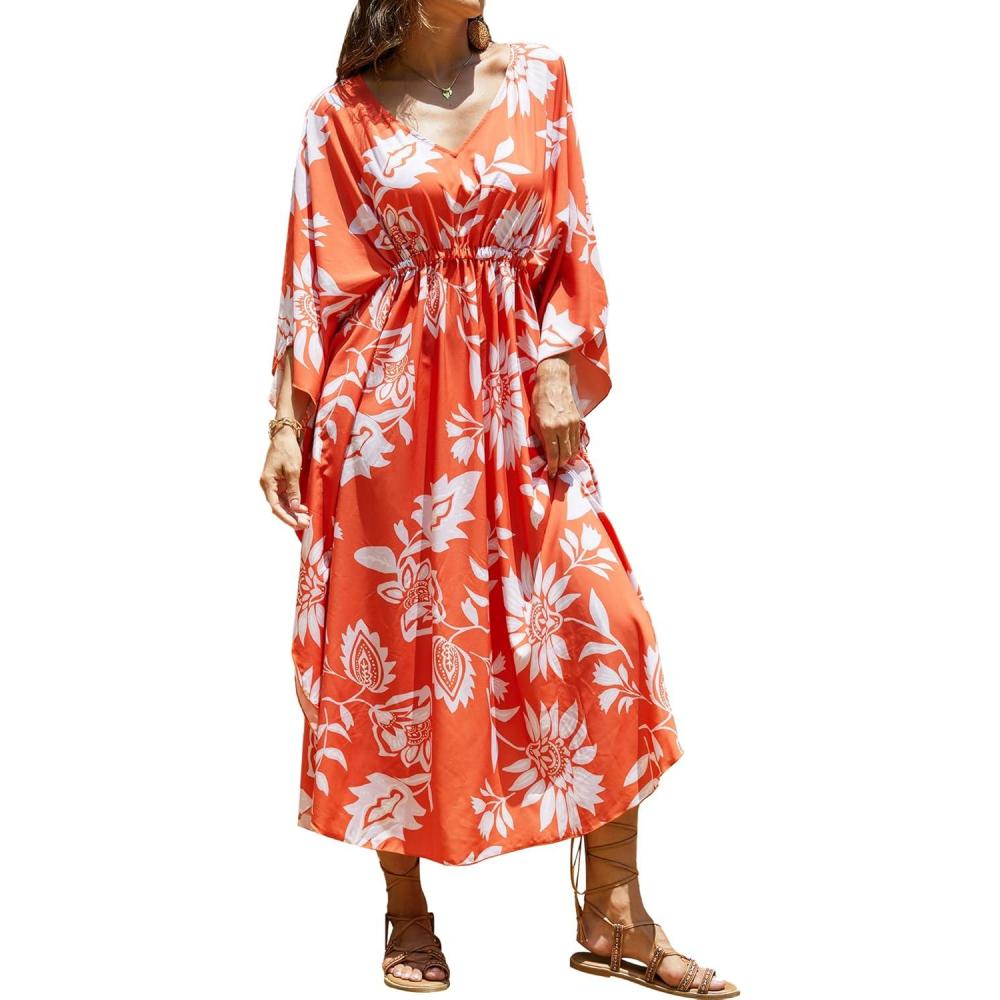imageMoss Rose Kaftan Dresses for Women V Neck Summer Swimsuit Cover up Caftan Maxi Beach DressesD Orange Red