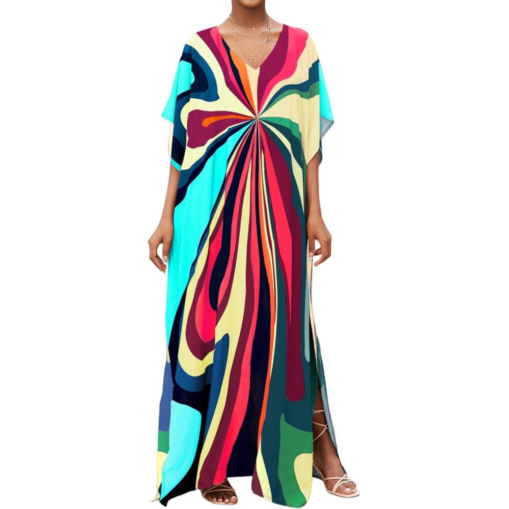 imageMoss Rose Kaftan Dresses for Women V Neck Summer Swimsuit Cover up Caftan Maxi Beach DressesE Colorful 5