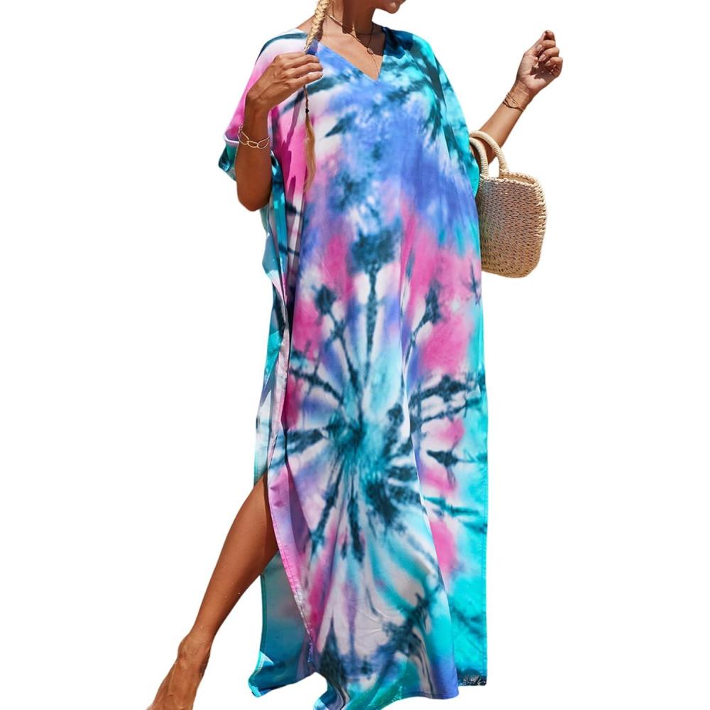 imageMoss Rose Kaftan Dresses for Women V Neck Summer Swimsuit Cover up Caftan Maxi Beach DressesE Colorful 7