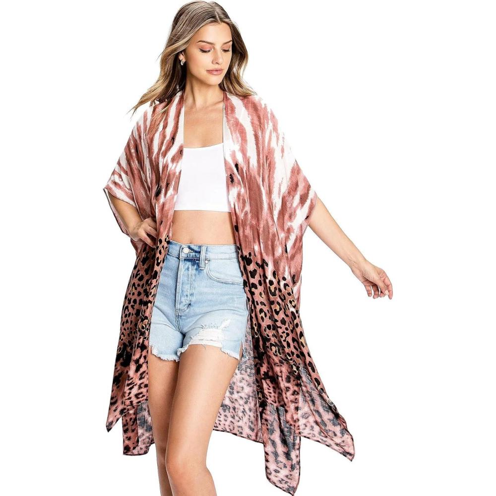 imageMoss Rose Women Summer Bikini Kimono Bathing Suit Cover Ups for SwimwearLeopard Print