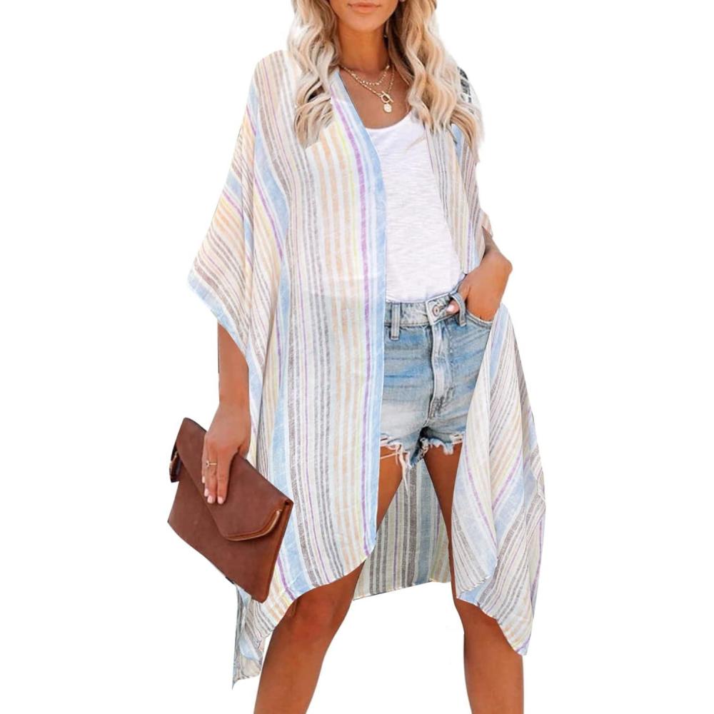 imageMoss Rose Women Summer Bikini Kimono Bathing Suit Cover Ups for SwimwearStripeivory