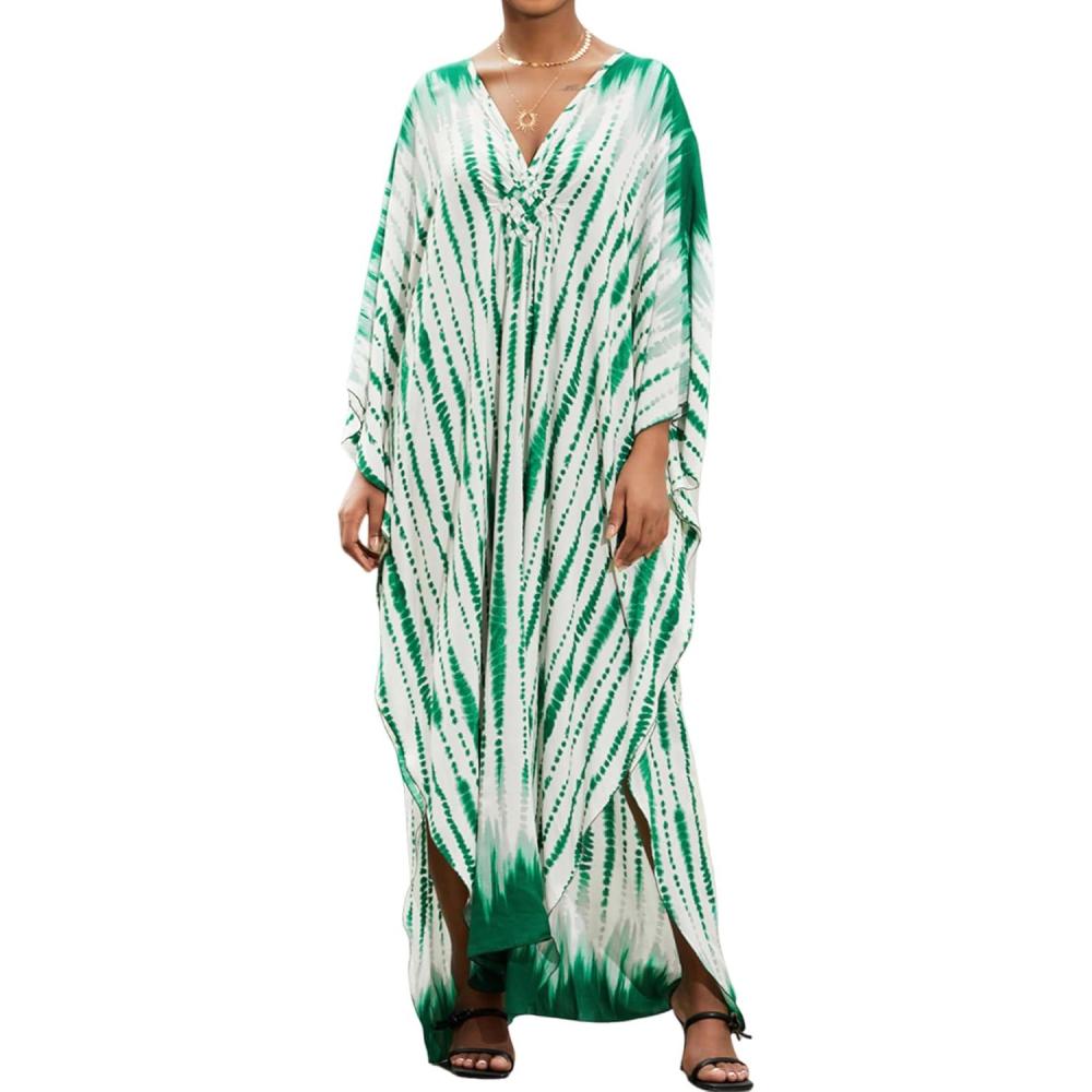 imageMoss Rose Women Summer Caftan Coverups Dress Kimono Beach Vacation Wear V Neck Print Maxi Boho DressBgreen