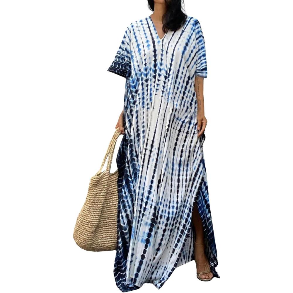 imageMoss Rose Women Summer Caftan Coverups Dress Kimono Beach Vacation Wear V Neck Print Maxi Boho DressBlue Black