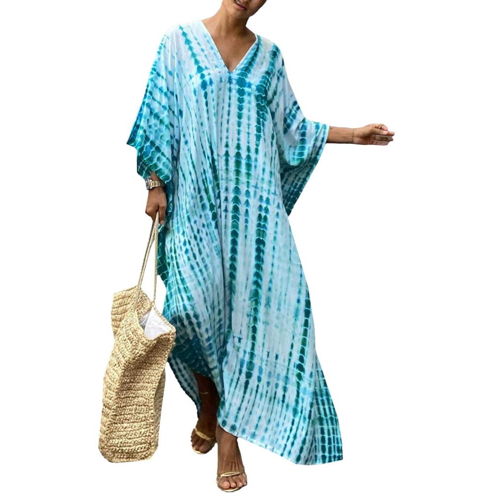 imageMoss Rose Women Summer Caftan Coverups Dress Kimono Beach Vacation Wear V Neck Print Maxi Boho DressBlue Green