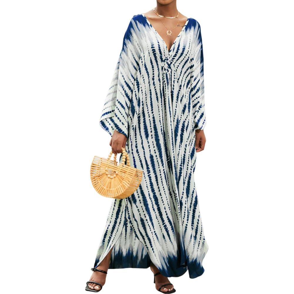 imageMoss Rose Women Summer Caftan Coverups Dress Kimono Beach Vacation Wear V Neck Print Maxi Boho DressBnavy