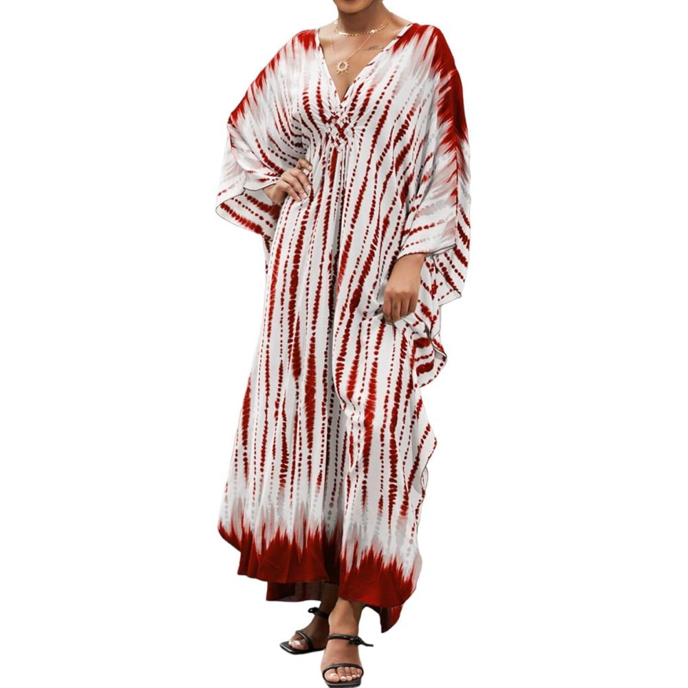 imageMoss Rose Women Summer Caftan Coverups Dress Kimono Beach Vacation Wear V Neck Print Maxi Boho DressBred