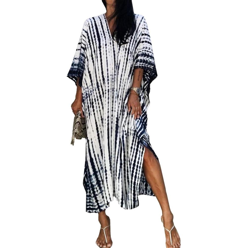 imageMoss Rose Women Summer Caftan Coverups Dress Kimono Beach Vacation Wear V Neck Print Maxi Boho DressWhite Blue
