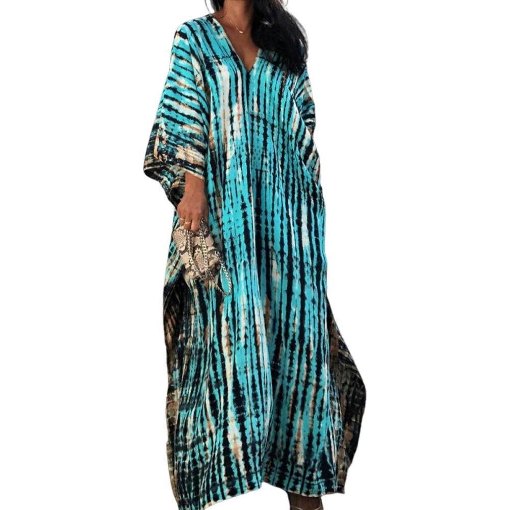 imageMoss Rose Women Summer Caftan Coverups Dress Kimono Beach Vacation Wear V Neck Print Maxi Boho DressZblue