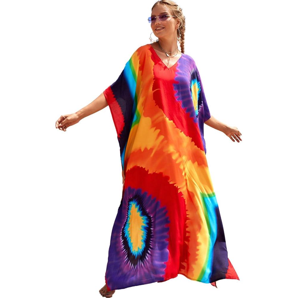 imageMoss Rose Women Summer Caftan Coverups Dress Kimono Beach Vacation Wear V Neck Print Maxi Boho DressZcolorful 2