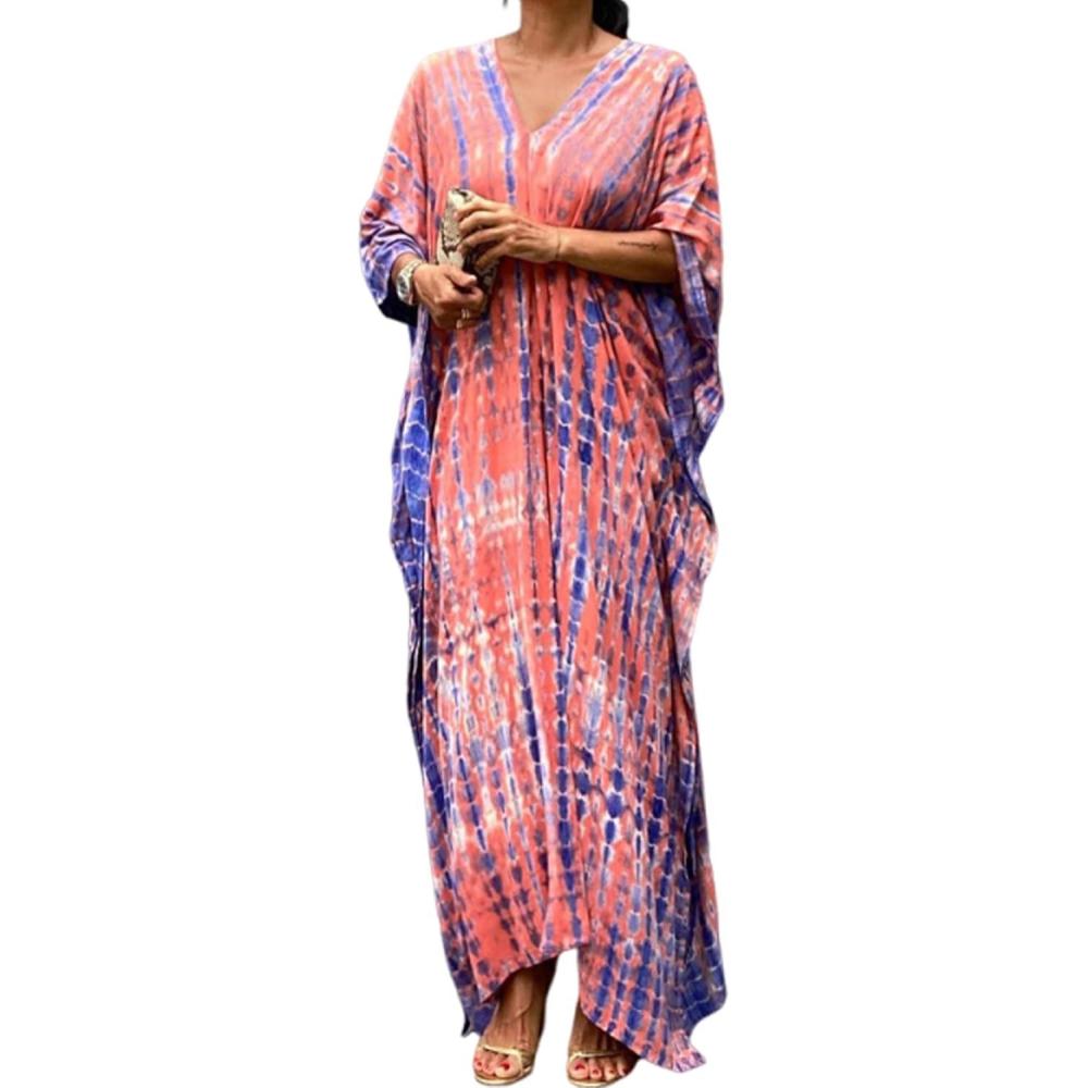 imageMoss Rose Women Summer Caftan Coverups Dress Kimono Beach Vacation Wear V Neck Print Maxi Boho DressZpink