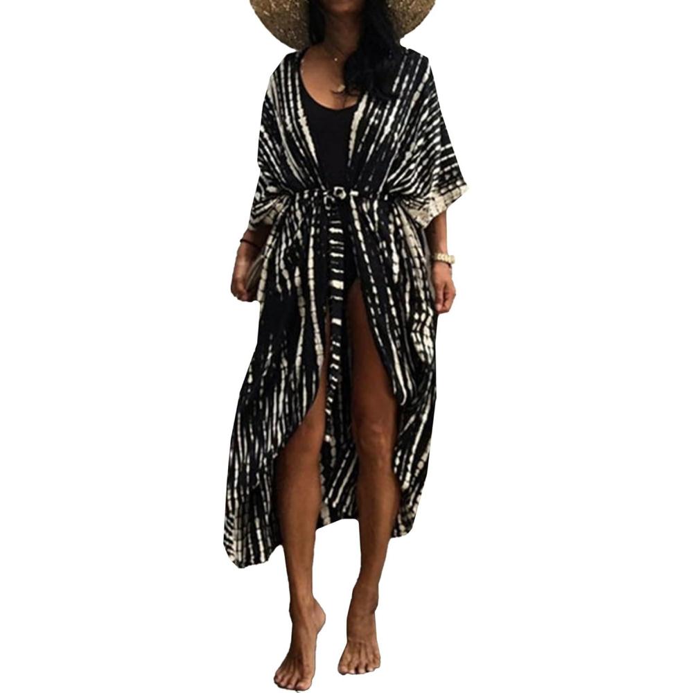 imageMoss Rose Women Summer Caftan Kimono Cardigan Open Fron Swimsuit Kaftan Maxi Beach Vacation Clothes with BeltAblack
