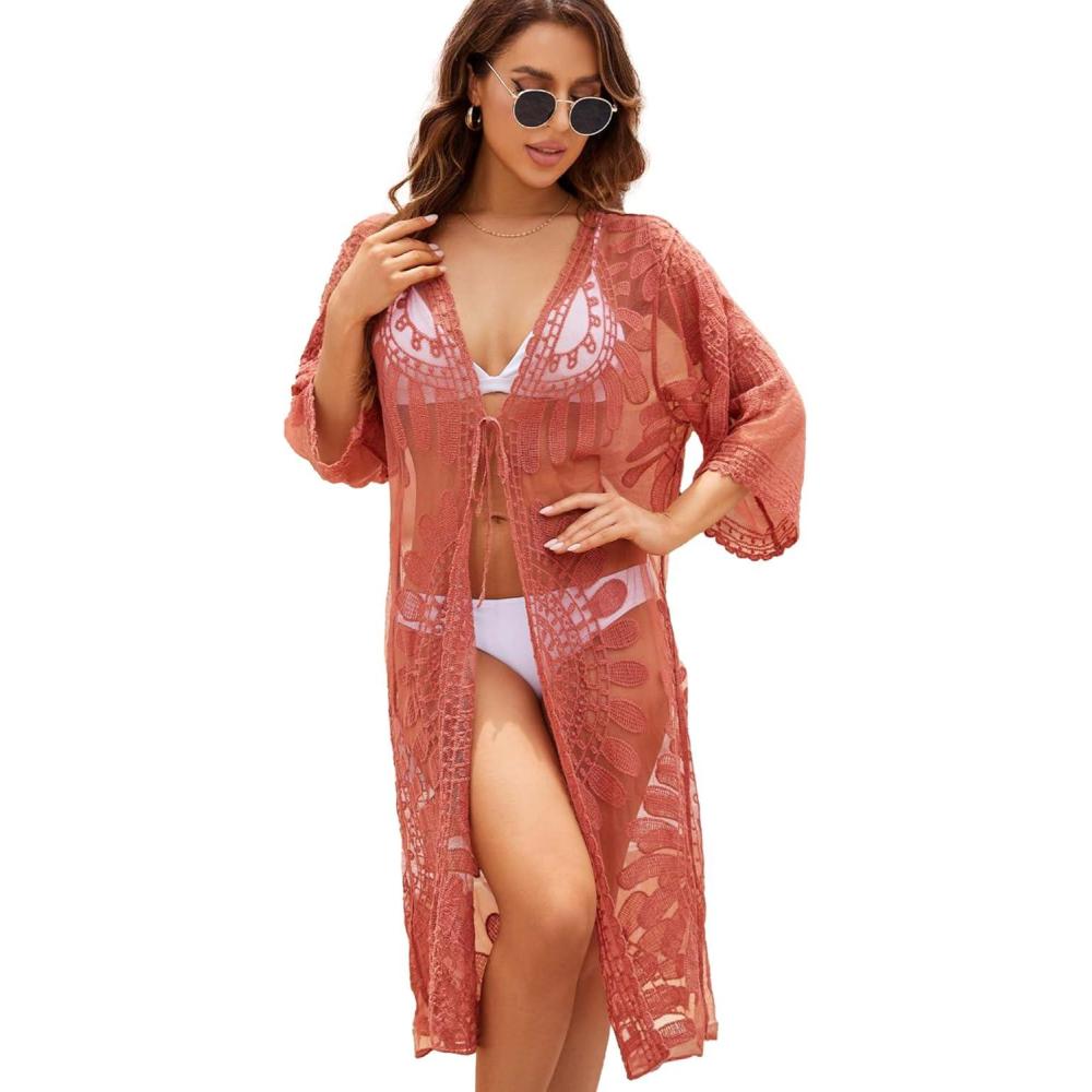 imageMoss Rose Womens Bathing Suit Cover Up 34 Sleeve Mesh Swimsuit Coverup Long Floral Beach Lace Kimono CardiganBrick Red