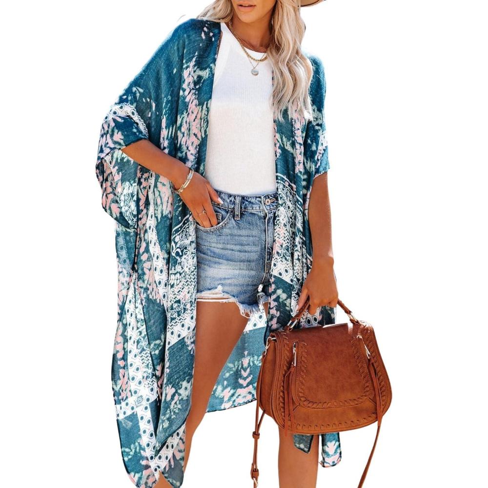 imageMoss Rose Womens Beach Cover up Swimsuit Kimono with Bohemian Floral Print Loose Casual Resort WearA Color31