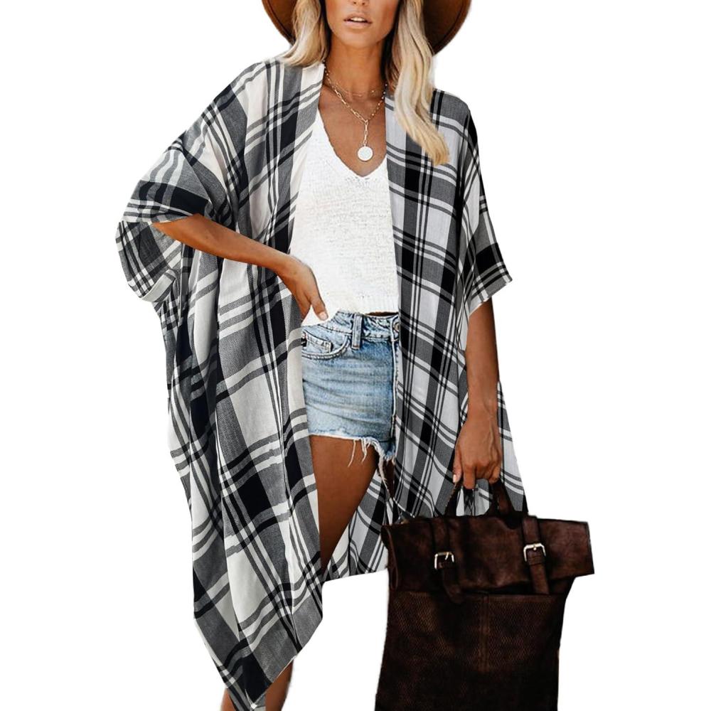 imageMoss Rose Womens Beach Cover up Swimsuit Kimono with Bohemian Floral Print Loose Casual Resort WearA White Black Plaid