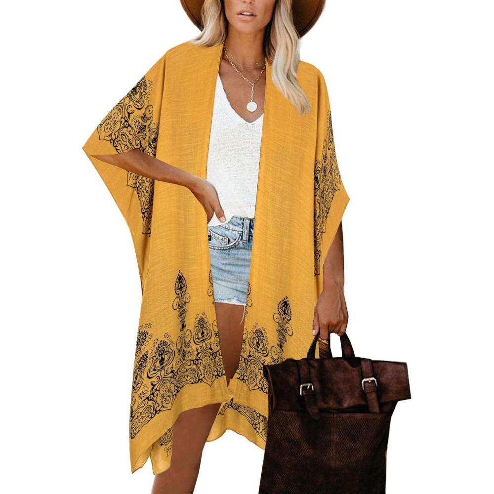 imageMoss Rose Womens Beach Cover up Swimsuit Kimono with Bohemian Floral Print Loose Casual Resort WearA Yellow Floral