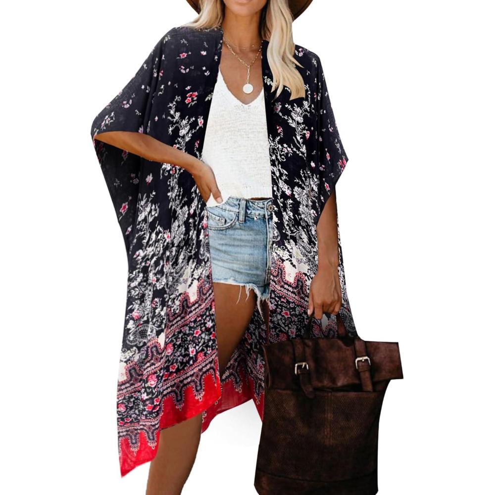 imageMoss Rose Womens Beach Cover up Swimsuit Kimono with Bohemian Floral Print Loose Casual Resort WearB Black Red