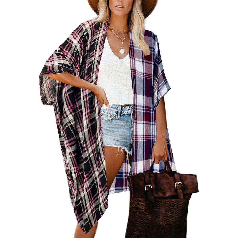 imageMoss Rose Womens Beach Cover up Swimsuit Kimono with Bohemian Floral Print Loose Casual Resort WearB Plaid Panelled Purple