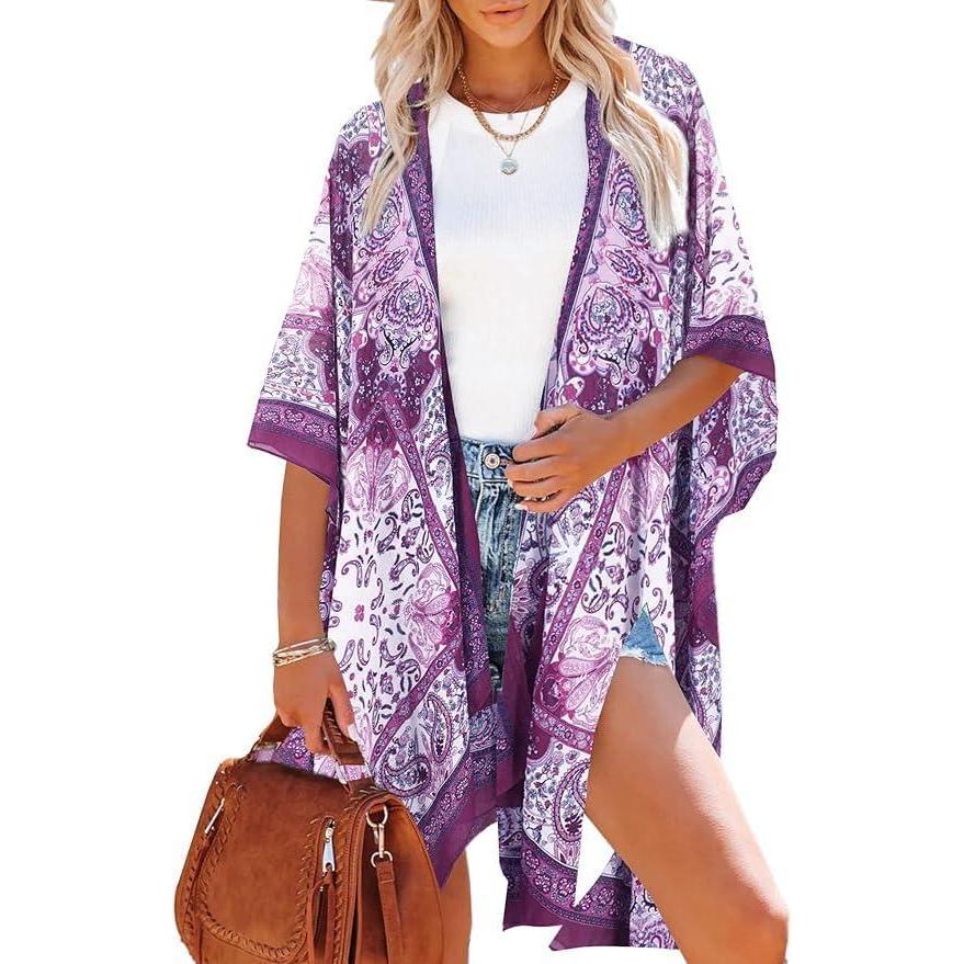 imageMoss Rose Womens Beach Cover up Swimsuit Kimono with Bohemian Floral Print Loose Casual Resort WearB Purple Paisley