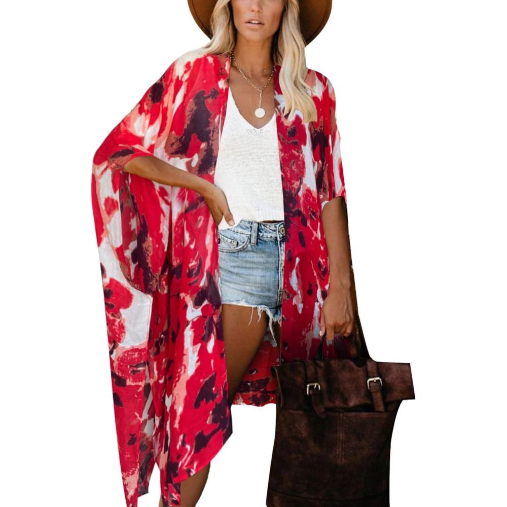 imageMoss Rose Womens Beach Cover up Swimsuit Kimono with Bohemian Floral Print Loose Casual Resort WearB Red  Brown  White