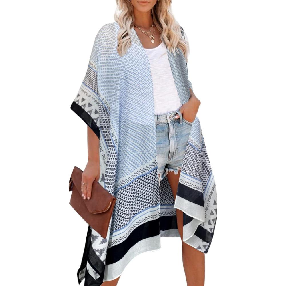 imageMoss Rose Womens Beach Cover up Swimsuit Kimono with Bohemian Floral Print Loose Casual Resort WearCo Blue