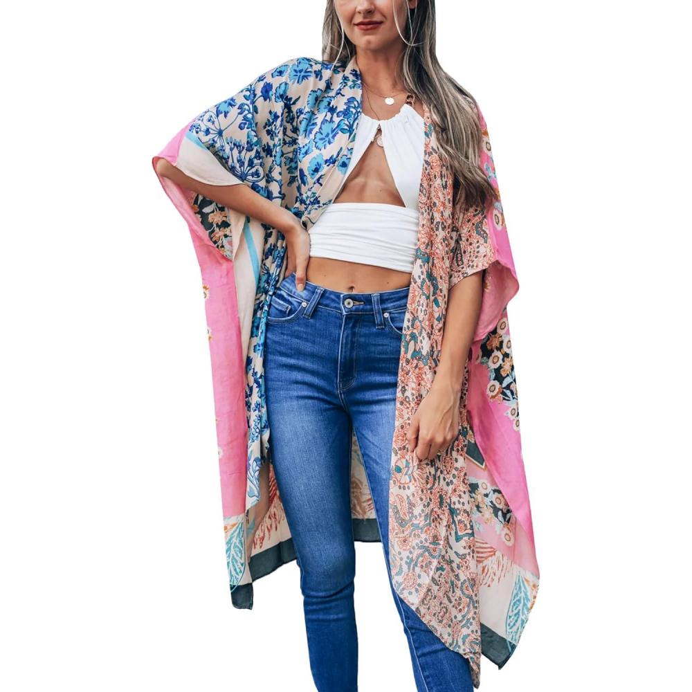 imageMoss Rose Womens Beach Cover up Swimsuit Kimono with Bohemian Floral Print Loose Casual Resort WearD Color