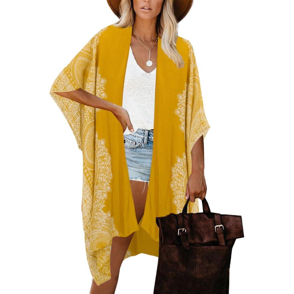imageMoss Rose Womens Beach Cover up Swimsuit Kimono with Bohemian Floral Print Loose Casual Resort WearMustard