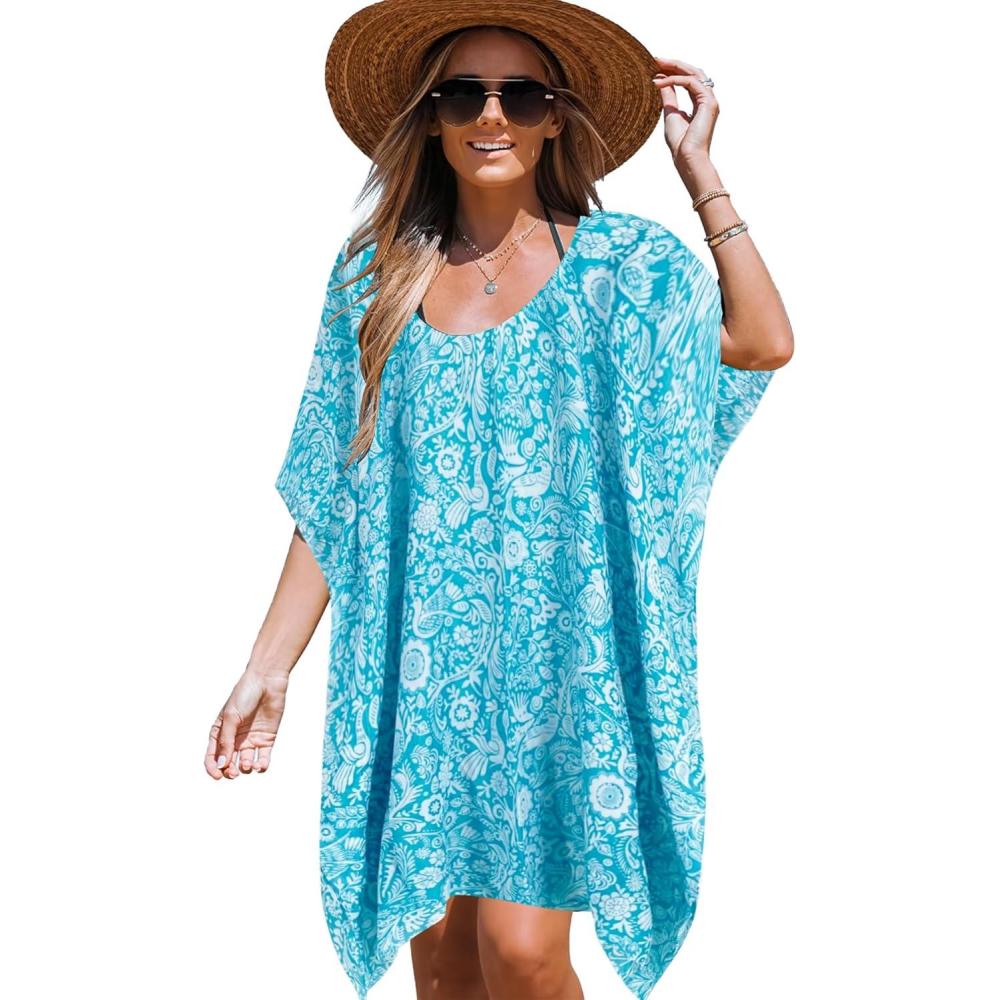 imageMoss Rose Womens Beach Kaftan Dresses Kimono Swimsuit Cover up for Bathing Suit with Floral PatternAgreen