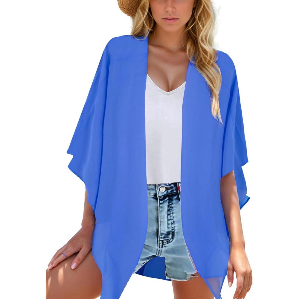 imageMoss Rose Womens Beach Kimono Coverup Sheer Chiffon Cover Ups Casual Loose Open Front Cardigan TopsBlue