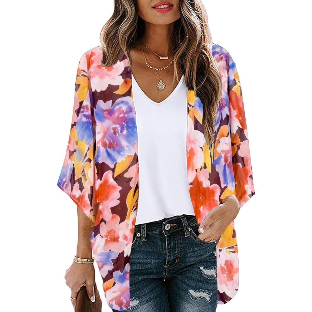 imageMoss Rose Womens Beach Kimono Coverup Sheer Chiffon Cover Ups Casual Loose Open Front Cardigan TopsFloral 9