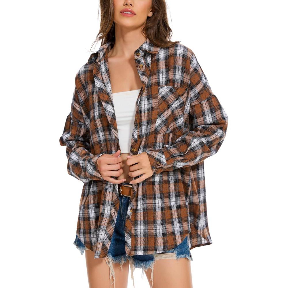 imageMoss Rose Womens Button Down Flannel Shirts Long Sleeve Plaid Shackets Business Casual Blouse TopBrown White