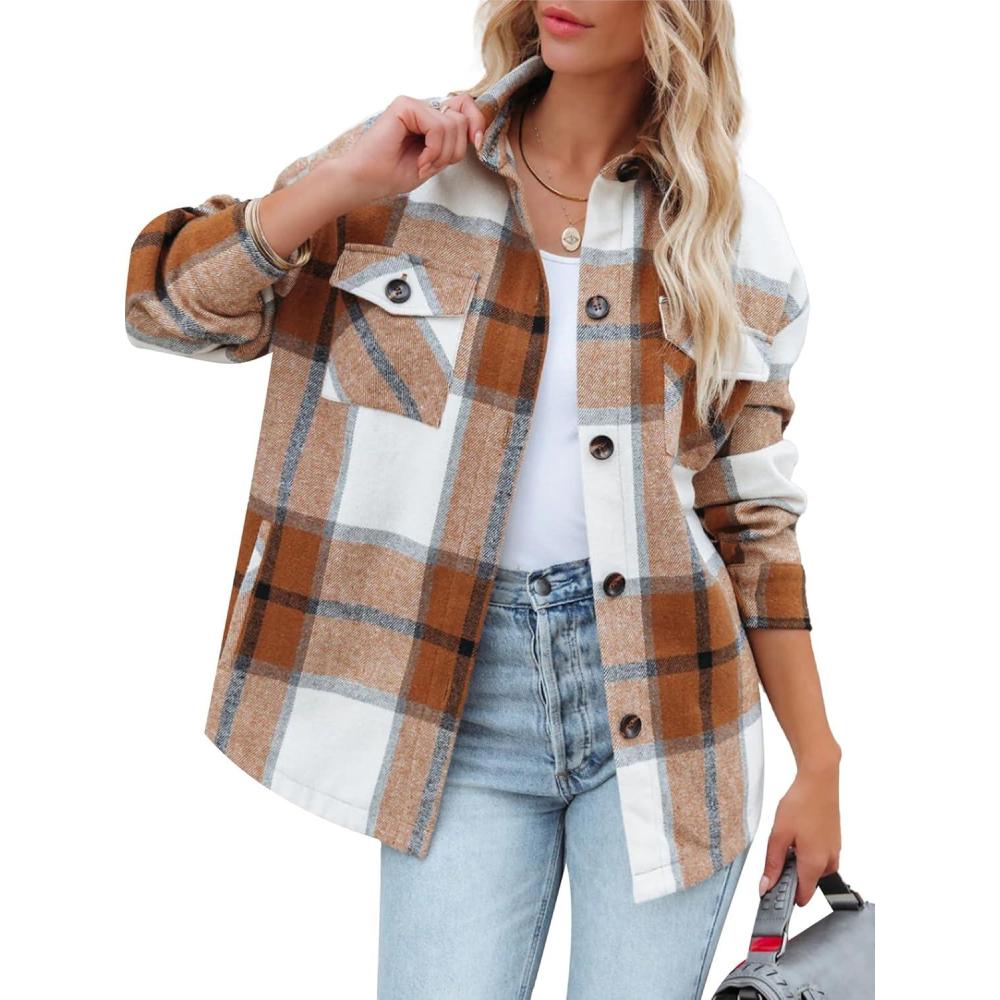 imageMoss Rose Womens Casual Plaid Shackets Button Down Long Sleeve Jacket Coats ShirtsYellow
