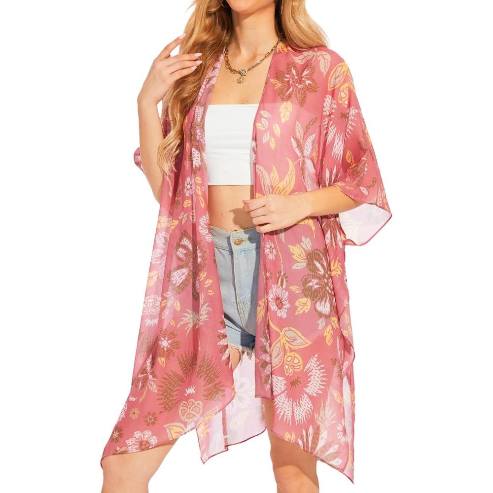 imageMoss Rose Womens Chiffon Long Kimono Beach Cover up for Summer Bathing Suits Cardigans Casual Loose SwimwearApeach Flower