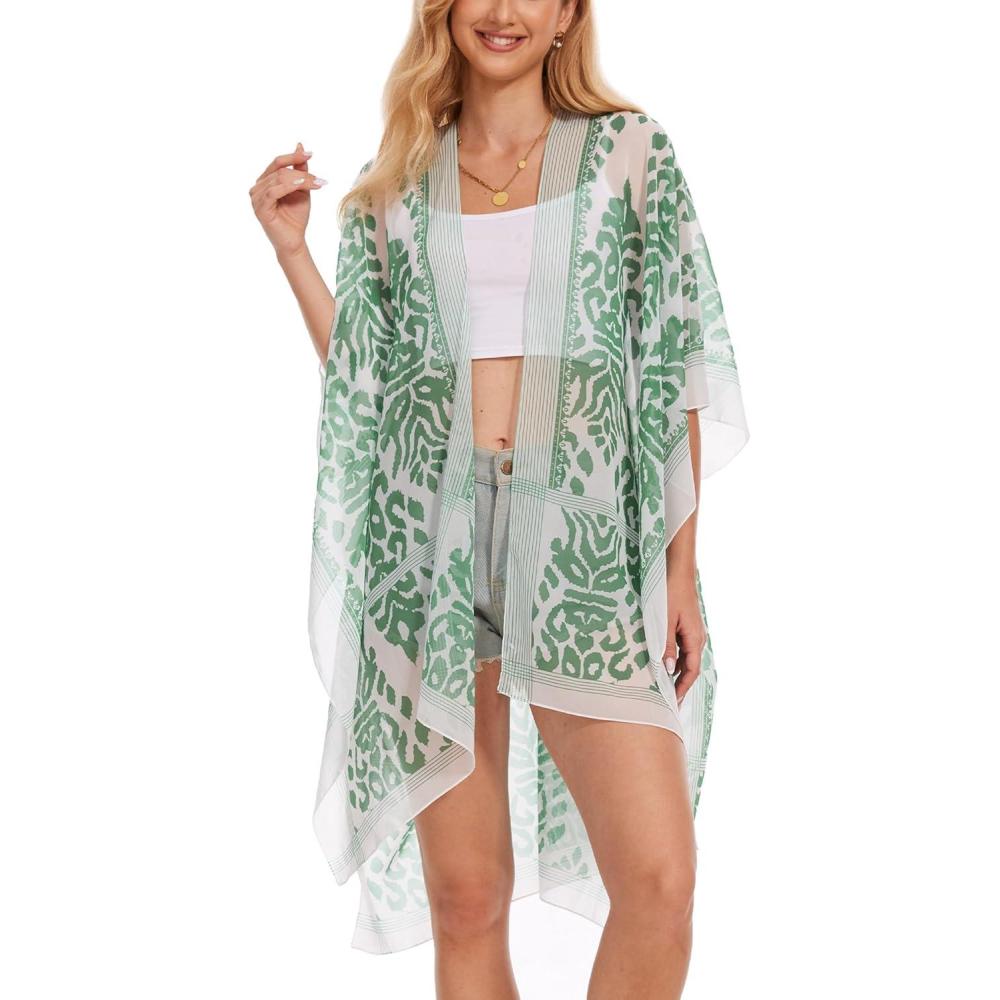 imageMoss Rose Womens Chiffon Long Kimono Beach Cover up for Summer Bathing Suits Cardigans Casual Loose SwimwearBgreen