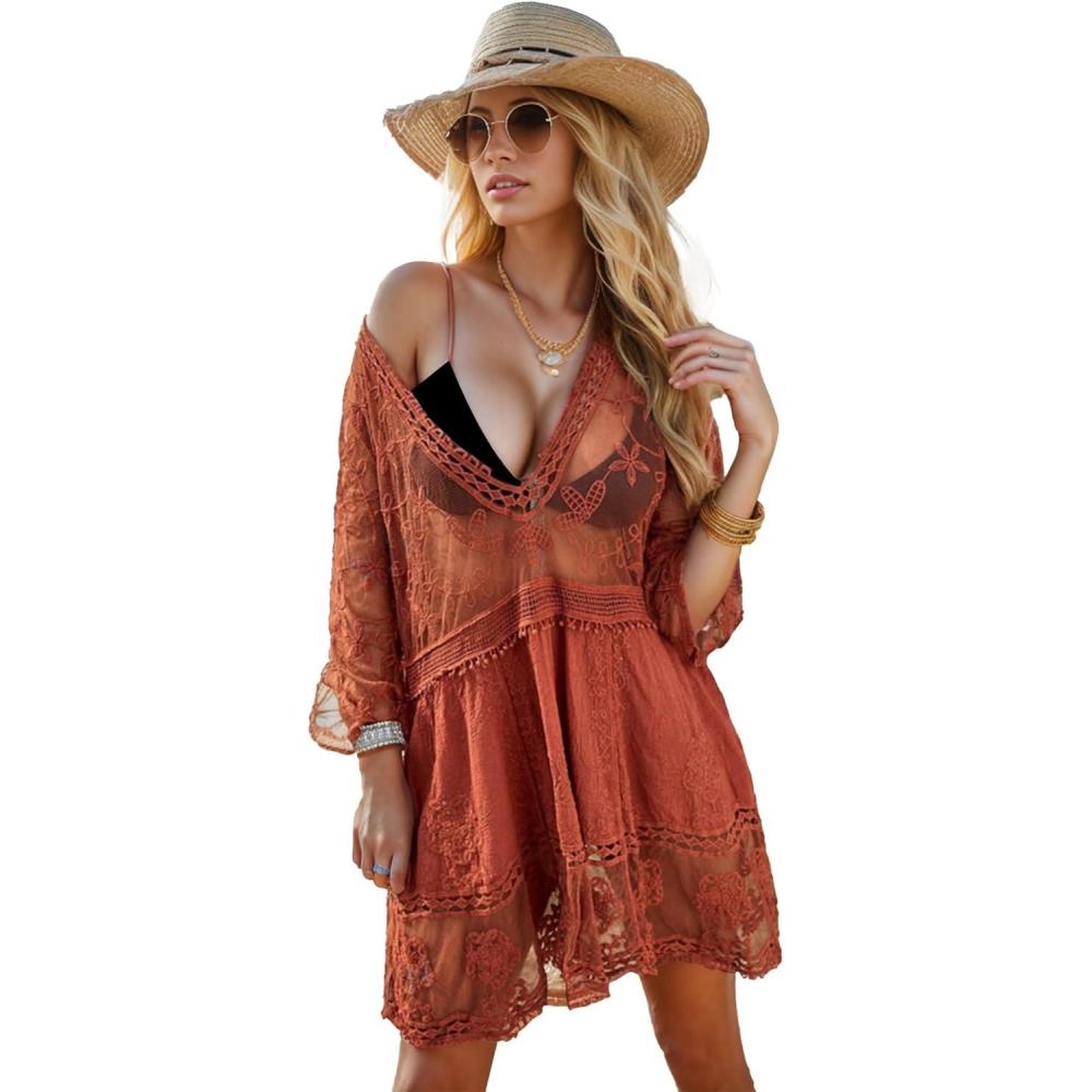 imageMoss Rose Womens Lace Bathing Suit Cover Up VNeck Coverups Swimwear Swimsuit Swim Beach Dress BeachwearBrick Red