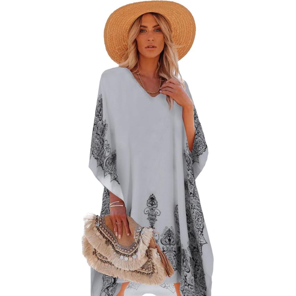 imageMoss Rose Womens Swimsuit Cover up Beach Kaftan for Bathing Suit with Floral PatternB Grey