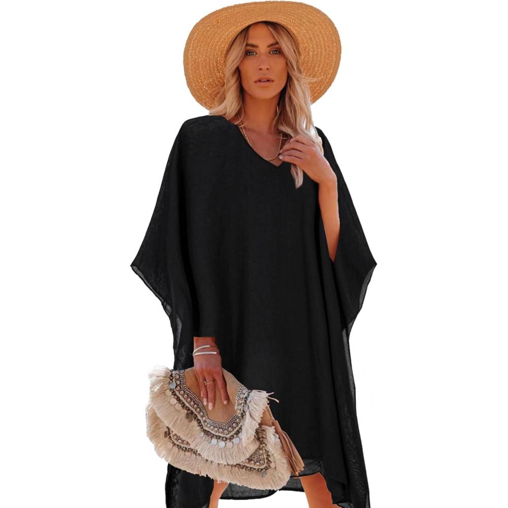 imageMoss Rose Womens Swimsuit Cover up Beach Kaftan for Bathing Suit with Floral PatternBlack With Tassel