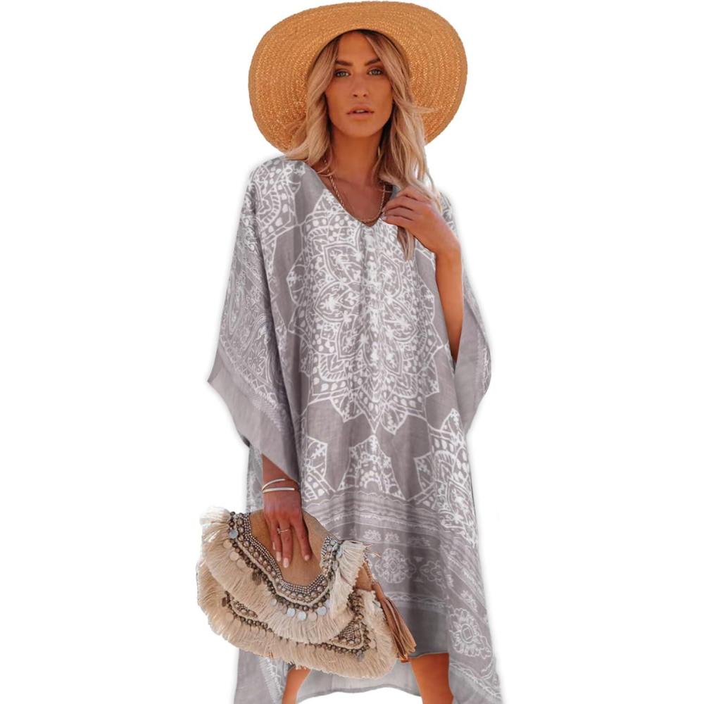 imageMoss Rose Womens Swimsuit Cover up Beach Kaftan for Bathing Suit with Floral PatternE Grey
