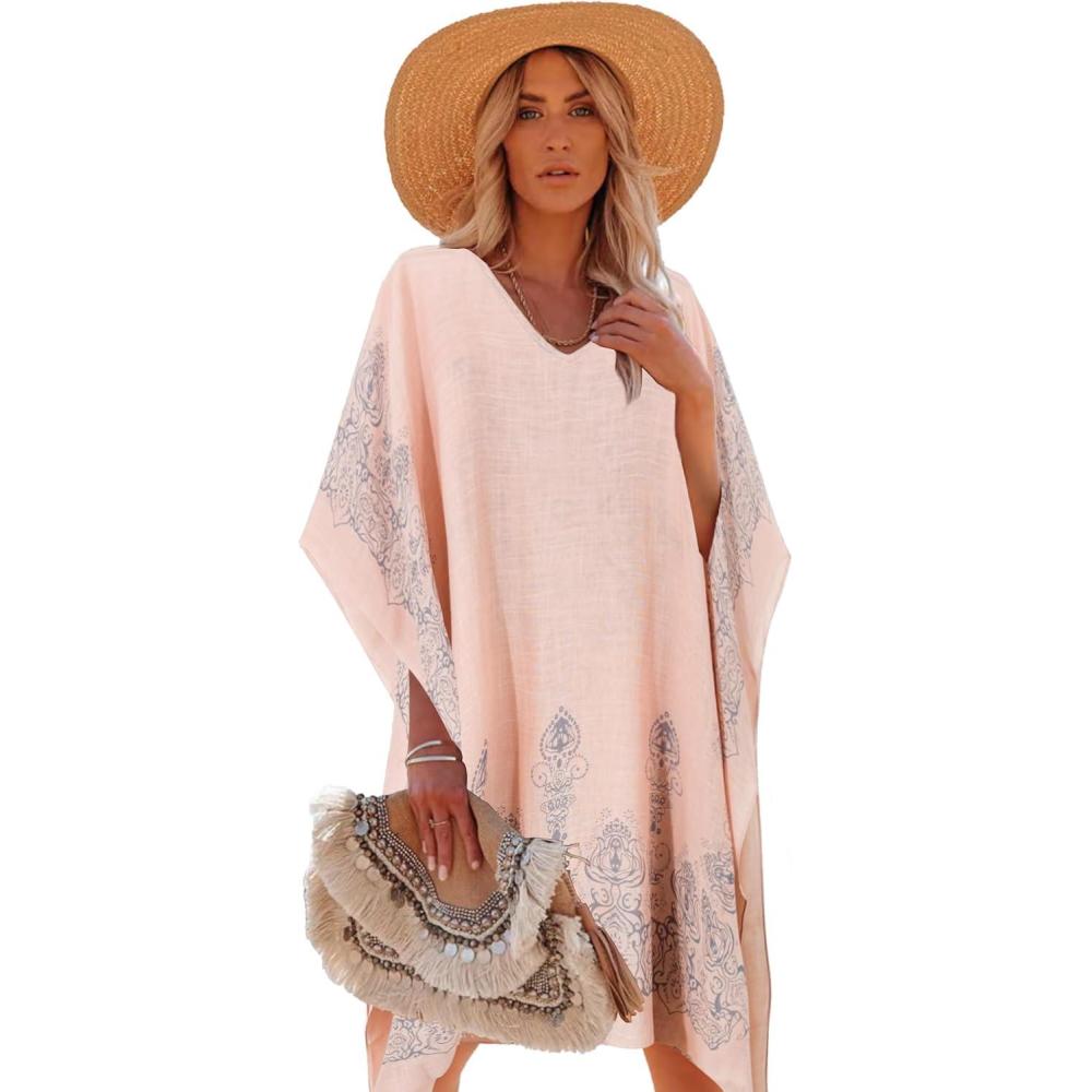 imageMoss Rose Womens Swimsuit Cover up Beach Kaftan for Bathing Suit with Floral PatternE Pink