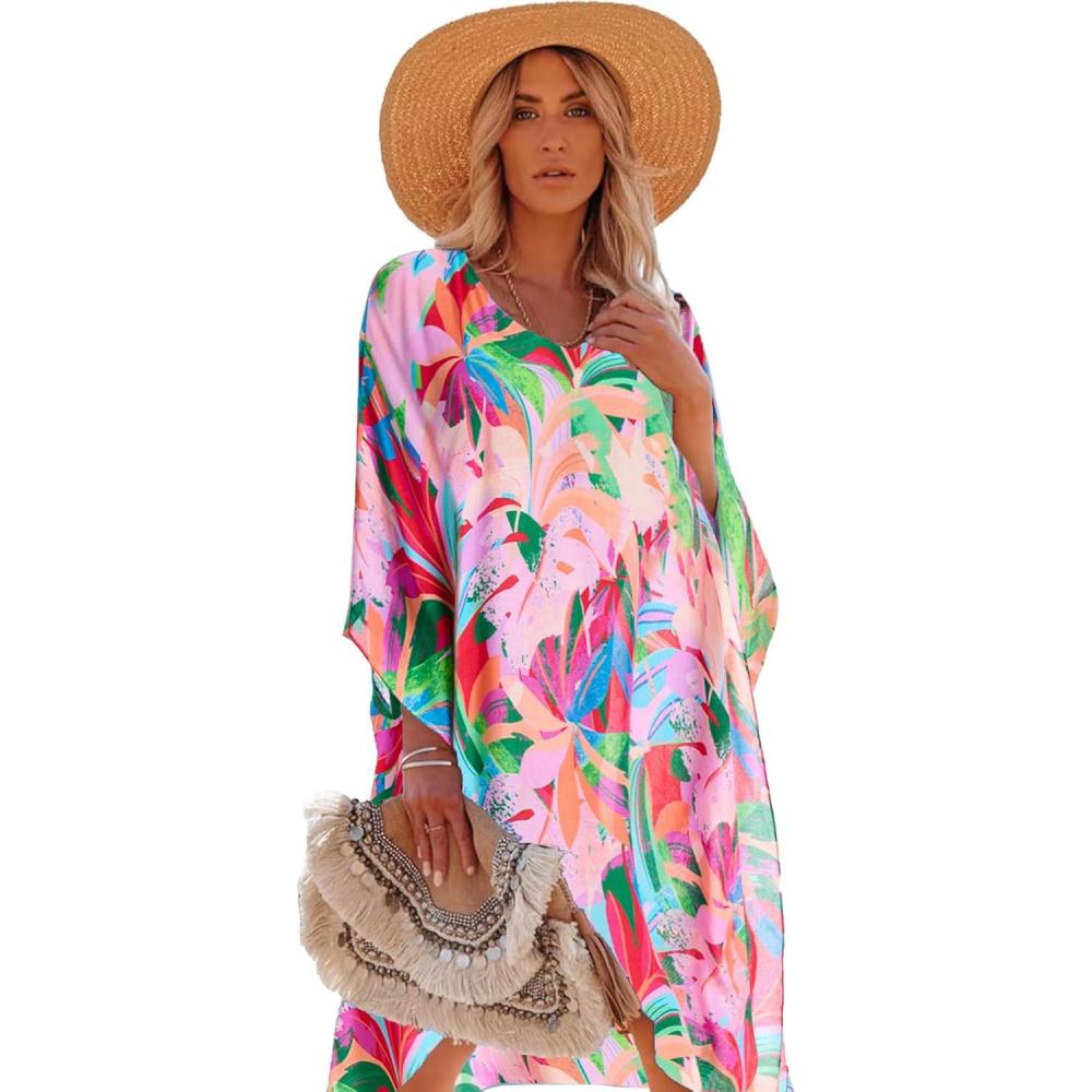 imageMoss Rose Womens Swimsuit Cover up Beach Kaftan for Bathing Suit with Floral PatternE Pink Floral