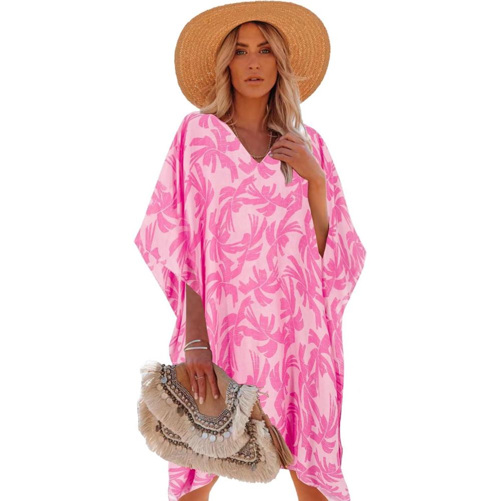imageMoss Rose Womens Swimsuit Cover up Beach Kaftan for Bathing Suit with Floral PatternE Rose Red Print