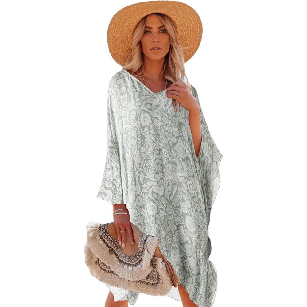 imageMoss Rose Womens Swimsuit Cover up Beach Kaftan for Bathing Suit with Floral PatternLight Green Pattern