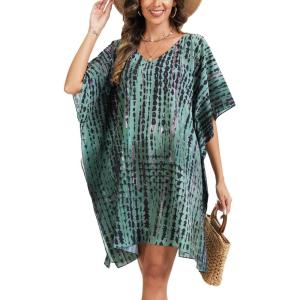 Moss Rose Beach Kaftan Dresses for Women V Neck Summer Swimsuit Cover up Beach Vacation Clothing(B-green)